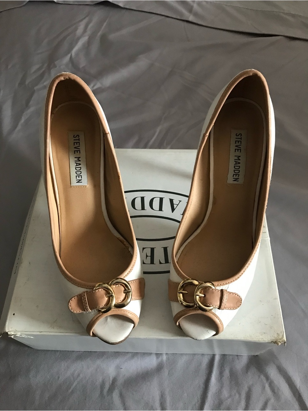 Steve Madden White Peep Toe Pumps with Tan Accents. Sexy classy for night or day
